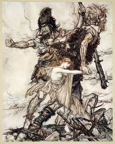 Fasolt suddenly seizes Freia and drags her to one side with Fafner 1910. Artist: Arthur Rackham