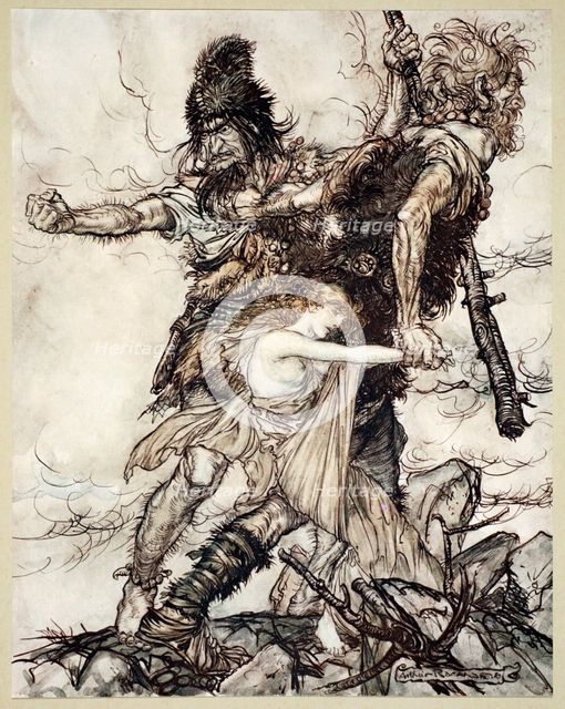 'Fasolt suddenly seizes Freia and drags her to one side with Fafner', 1910.  Artist: Arthur Rackham