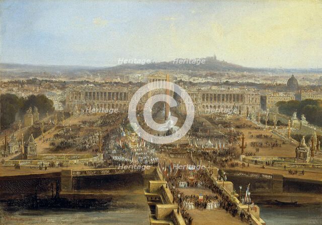 Fête de la Concorde, le 21 mai 1848 : défilé sur la place de la Concorde des corporations... Creator: Jean Jacques Champin.