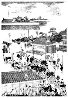 Feudal chief's procession entering the shogun's palace, Japan, 1904
