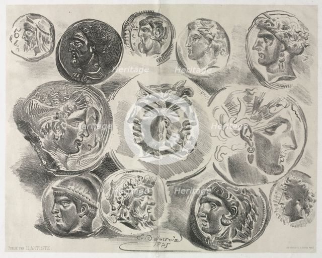 Feuille de douze médailles antiques, 1825. Creator: Eugène Delacroix (French, 1798-1863).