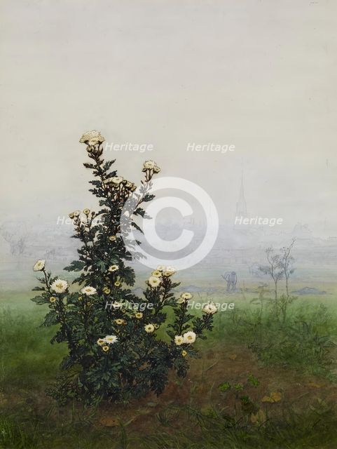 Feverfew in front of a Landscape, Issy-les-Moulineaux (?), 1863. Creator: Leon Bonvin.