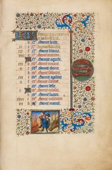 February Calendar Page: Keeping Warm: Pisces; Book of Hours, about 1440-1450. Creator: Workshop of the Bedford Master