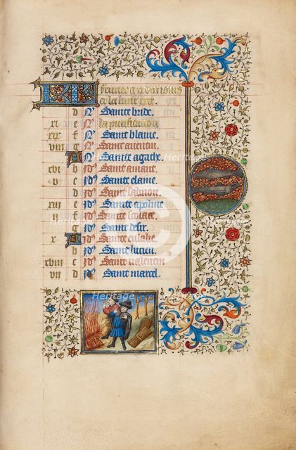 February Calendar Page: Keeping Warm: Pisces; Book of Hours, about 1440-1450. Creator: Workshop of the Bedford Master.
