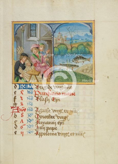 February Calendar Page: Keeping Warm: Pisces; Book of Hours, early 16th century. Creator: Unknown.