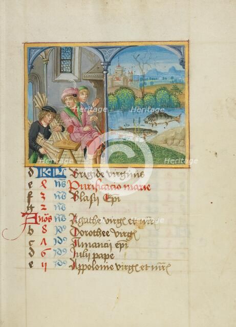 February Calendar Page: Keeping Warm: Pisces; Book of Hours, early 16th century. Creator: Unknown.
