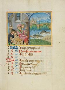 February Calendar Page: Keeping Warm: Pisces; Book of Hours, early 16th century. Creator: Unknown