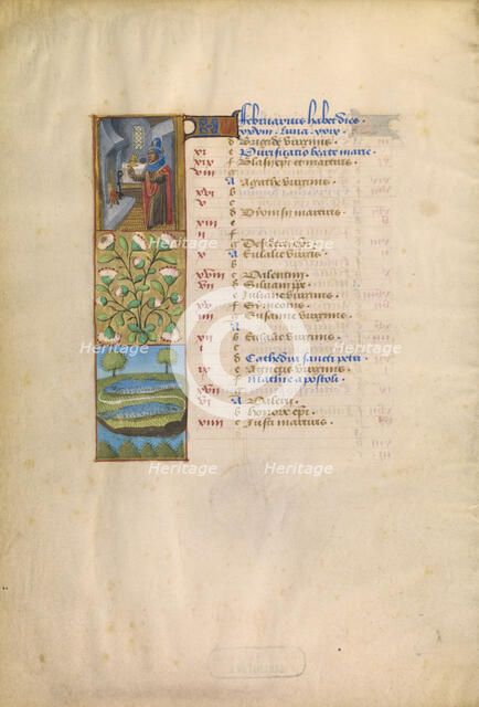 February Calendar Page; Keeping Warm; Pisces; Katherine Hours, about 1480-1485. Creator: Unknown.