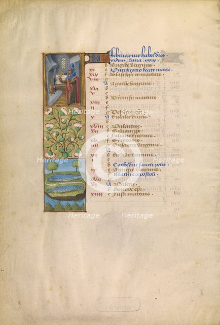 February Calendar Page; Keeping Warm; Pisces; Katherine Hours, about 1480-1485. Creator: Unknown.