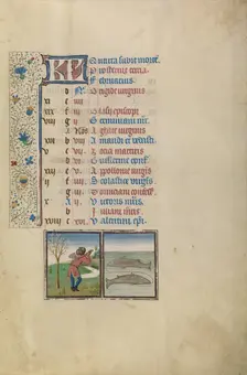 February Calendar Page: Pruning Trees: Pisces; Arenberg Hours, early 1460s. Creator: Workshop of Willem Vrelant