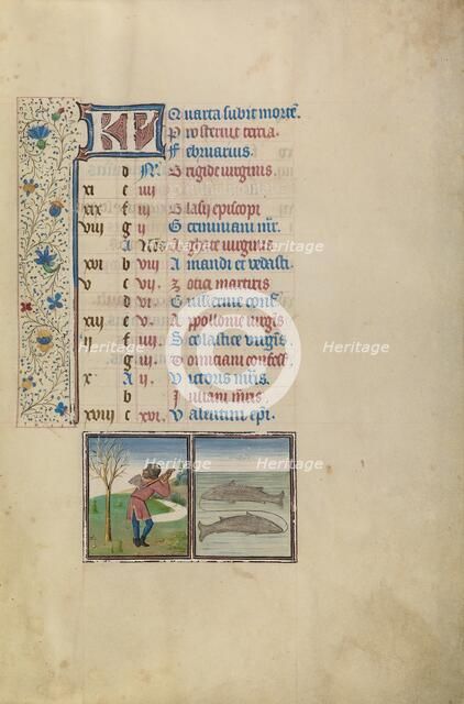 February Calendar Page: Pruning Trees: Pisces; Arenberg Hours, early 1460s. Creator: Workshop of Willem Vrelant.