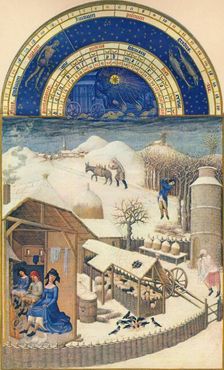 February - village under the snow, 15th century, (1939). Creator: Paul Limbourg