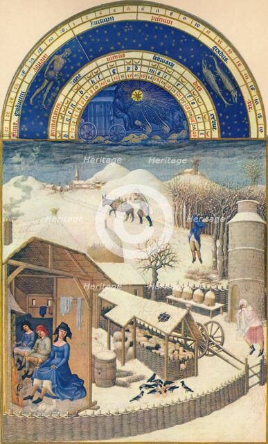 February - village under the snow, 15th century, (1939). Creator: Paul Limbourg.