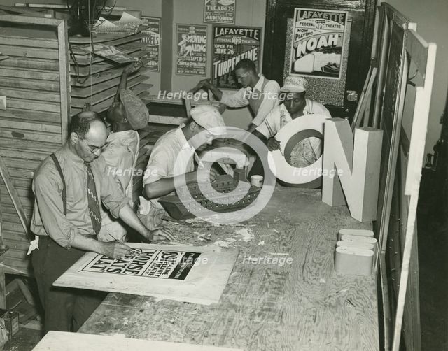 Federal Theatre Project, Negro Theatre, Sign Painting department, headed by Tipp Beavers..., 1936. Creator: Federal Theatre Project.