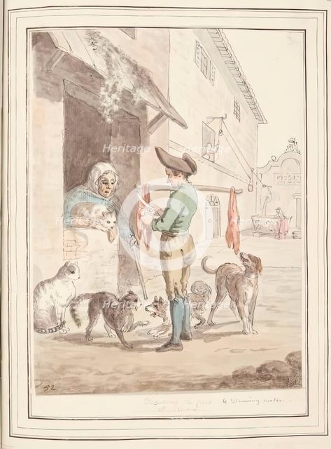 Feeding the Cats at Rome, leaf from 'A Collection of Dresses by David Allan Mostly from Nature',1776 Creator: David Allan.