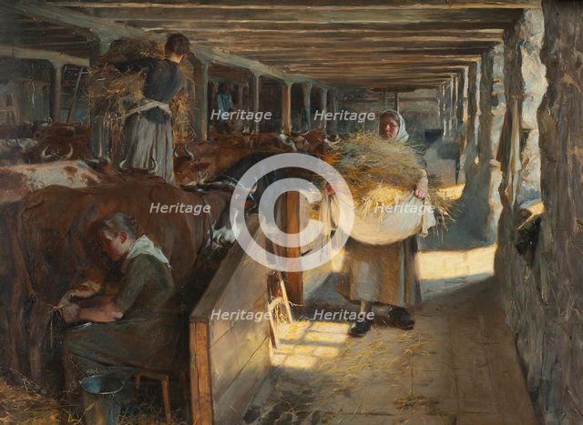 Feeding Time in a Cow-Shed, 1890. Creator: Oscar Bjorck.