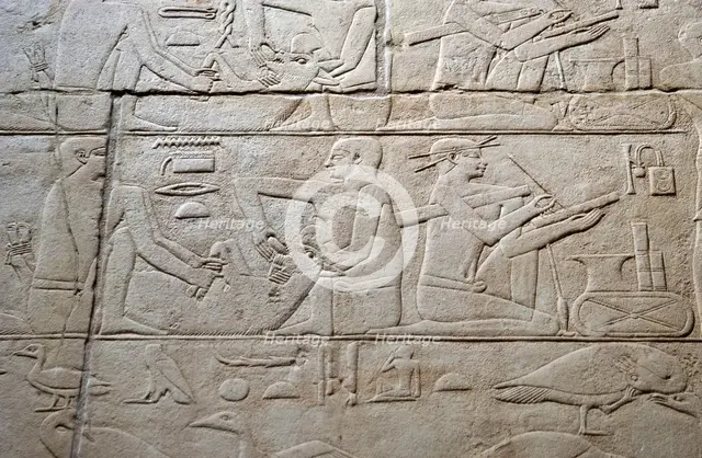 Feeding a cow and scribe relief, Mastaba of Kagemni, Saqqara, Egypt, 2350 BC (2003). Creator: Unknown.