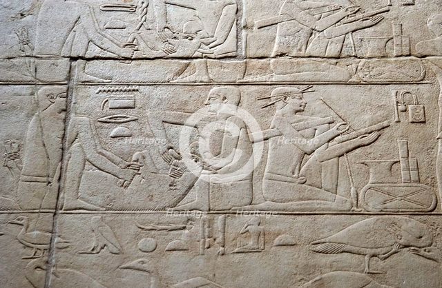 Feeding a cow and scribe relief, Mastaba of Kagemni, Saqqara, Egypt, 2350 BC (2003). Creator: Unknown.