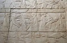 Feeding a cow and scribe relief, Mastaba of Kagemni, Saqqara, Egypt, 2350 BC (2003). Creator: Unknown