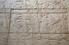 Feeding a cow and scribe relief, Mastaba of Kagemni, Saqqara, Egypt, 2350 BC (2003). Creator: Unknown