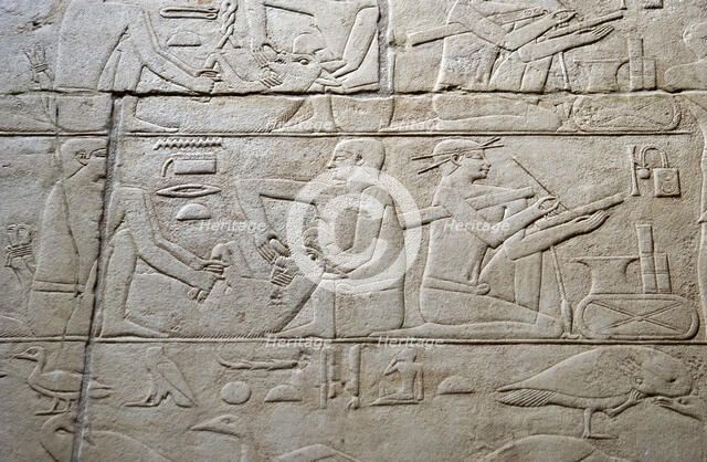 Feeding a cow and scribe relief, Mastaba of Kagemni, Saqqara, Egypt, 2350 BC (2003). Creator: Unknown.