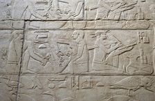 Feeding a cow and scribe relief, Mastaba of Kagemni, Saqqara, Egypt, 2350 BC (2003). Creator: Unknown