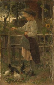Feeding Chickens, 1866. Creator: Jacob Henricus Maris
