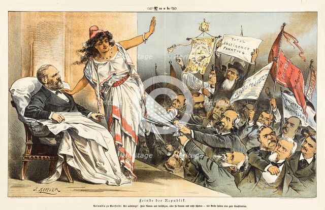 Feinde der Republik..... Cartoon from Puck, between 1880 and 1889. Creators: Joseph Keppler, Bernhard Gillam.