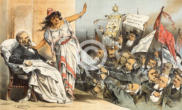 Feinde der Republik..... Cartoon from Puck, between 1880 and 1889. Creator: Joseph Keppler.