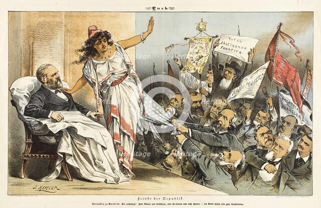 Feinde der Republik..... Cartoon from Puck, between 1880 and 1889. Creators: Joseph Keppler, Bernhard Gillam.