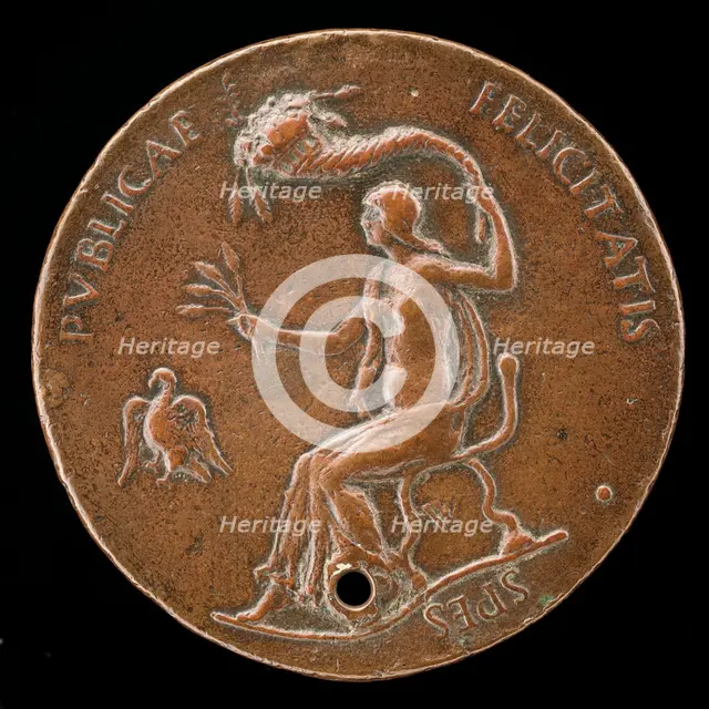 Felicitas Seated, Holding Ears of Corn and Waving Cornucopiae [reverse], 1494 or before. Creator: Adriano Fiorentino.