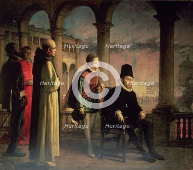 Felipe II witnessing an act of faith, preserved painting at the Central University of Barcelona b…