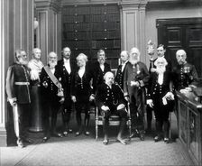 Fellows of the Royal Society: Sir John Evans, bust of Sir Isaac Newton, Lord Kelvin, RB Clifton... Creator: Mayall