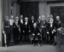 Fellows of the Royal Society: Sir John Evans, bust of Sir Isaac Newton, Lord Kelvin, RB Clifton... Creator: Mayall