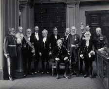 Fellows of the Royal Society: Sir John Evans, bust of Sir Isaac Newton, Lord Kelvin, RB Clifton... Creator: Mayall