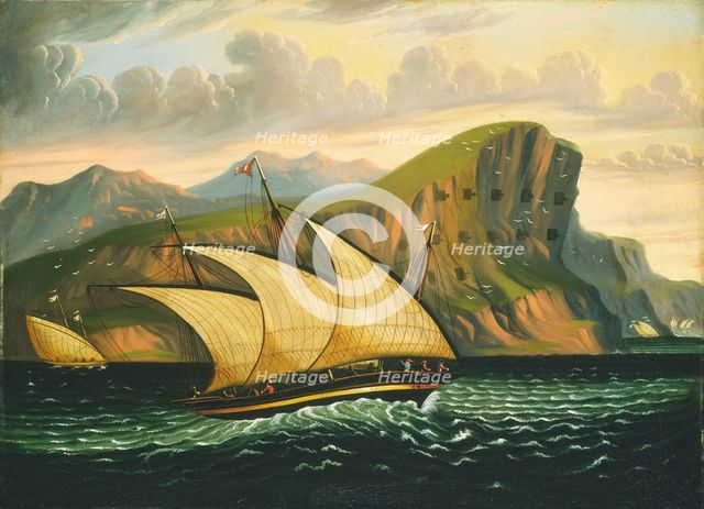 Felucca off Gibraltar, mid 19th century. Creator: Thomas Chambers.