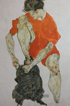 Female model in a red robe, 1914. Creator: Schiele, Egon (1890-1918)