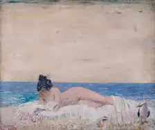 Female model reading on the seashore, 1930-(1931?). Creator: William Orpen