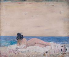 Female model reading on the seashore, 1930-(1931?). Creator: William Orpen
