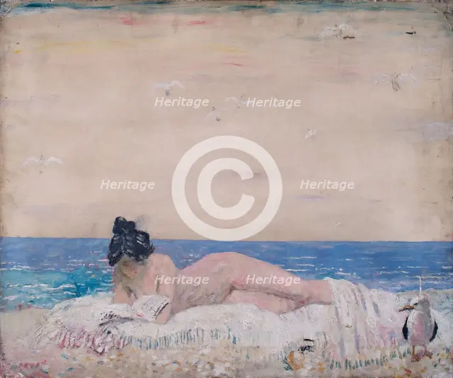 Female model reading on the seashore, 1930-(1931?). Creator: William Orpen.