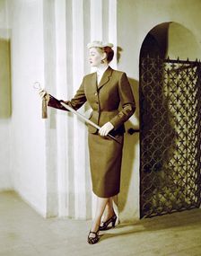 Female model shows a dress, the Historical Museum, Stockholm, 1950s. Creator: Göran Algård