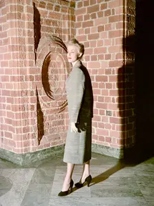 Female model shows a suit, the Historical Museum, Stockholm, 1950s. Creator: Göran Algård