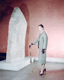 Female model shows a suit, the Historical Museum, Stockholm, 1950s. Creator: Göran Algård