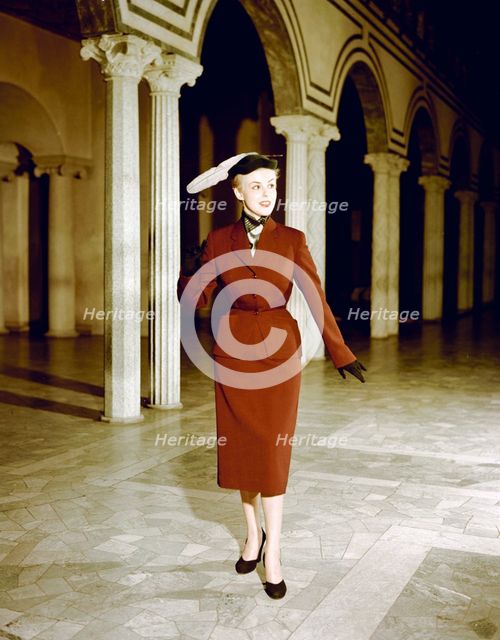 Female model shows a suit, the Historical Museum, Stockholm, 1950s. Creator: Göran Algård.