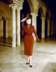 Female model shows a suit, the Historical Museum, Stockholm, 1950s. Creator: Göran Algård
