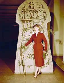 Female model shows a suit, the Historical Museum, Stockholm, 1950s. Creator: Göran Algård