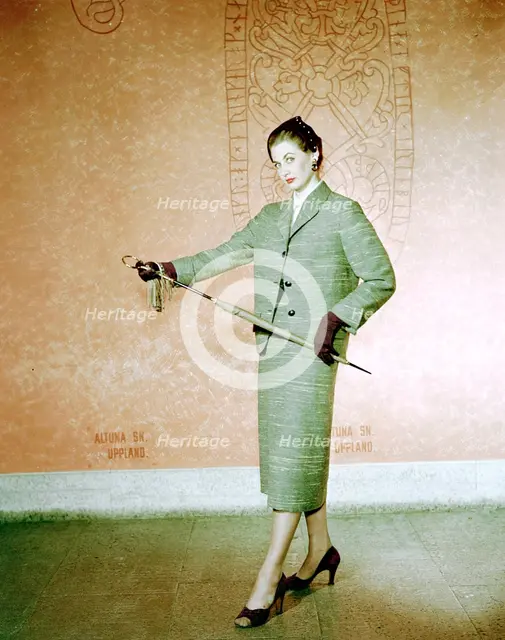 Female model shows a suit, the Historical Museum, Stockholm, 1950s. Creator: Göran Algård.