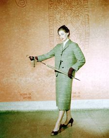 Female model shows a suit, the Historical Museum, Stockholm, 1950s. Creator: Göran Algård