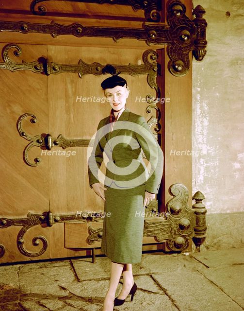 Female model shows a suit, the Historical Museum, Stockholm, 1950s. Creator: Göran Algård.