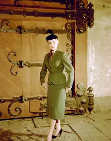 Female model shows a suit, the Historical Museum, Stockholm, 1950s. Creator: Göran Algård